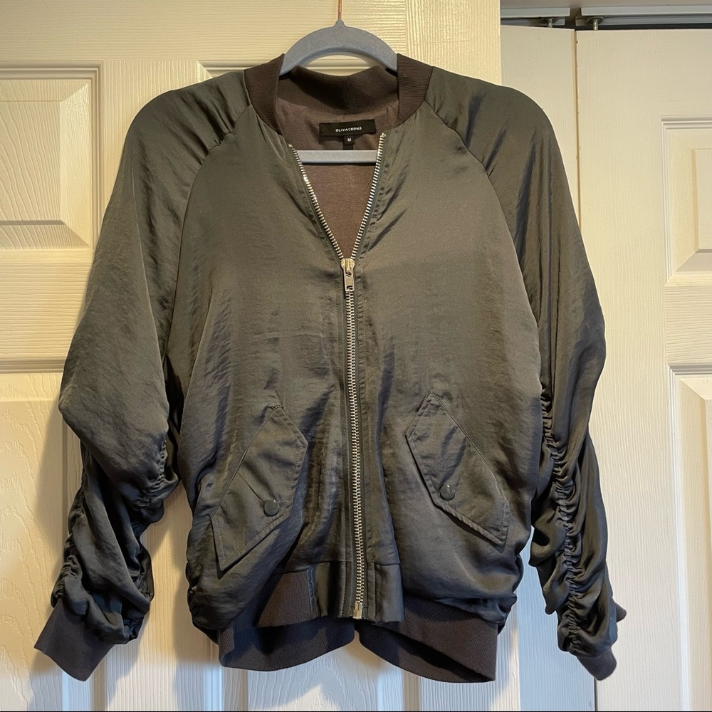 Olivaceous Grey Satin Ruched Track Jacket